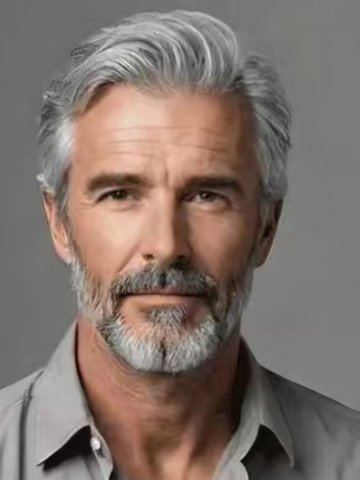 After: Grown-out swept-back hair with a full beard